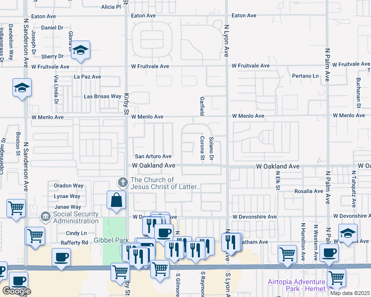 map of restaurants, bars, coffee shops, grocery stores, and more near 2042 Ortega Court in Hemet