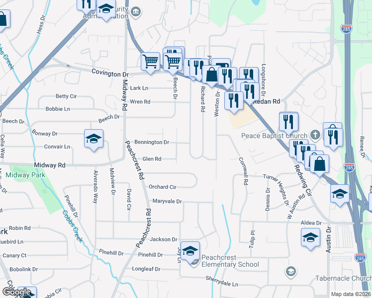 map of restaurants, bars, coffee shops, grocery stores, and more near 1291 Richard Road in Decatur