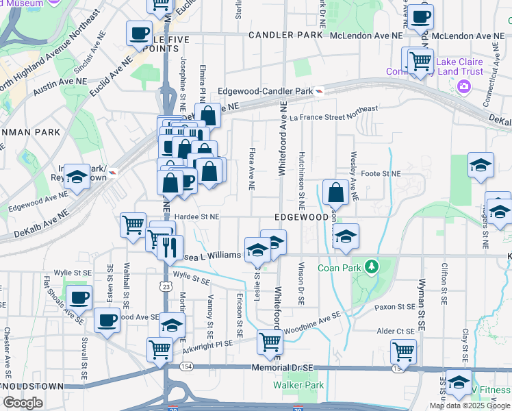 map of restaurants, bars, coffee shops, grocery stores, and more near 87 Flora Avenue Northeast in Atlanta