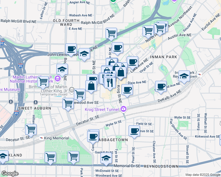 map of restaurants, bars, coffee shops, grocery stores, and more near 661 Auburn Avenue Northeast in Atlanta