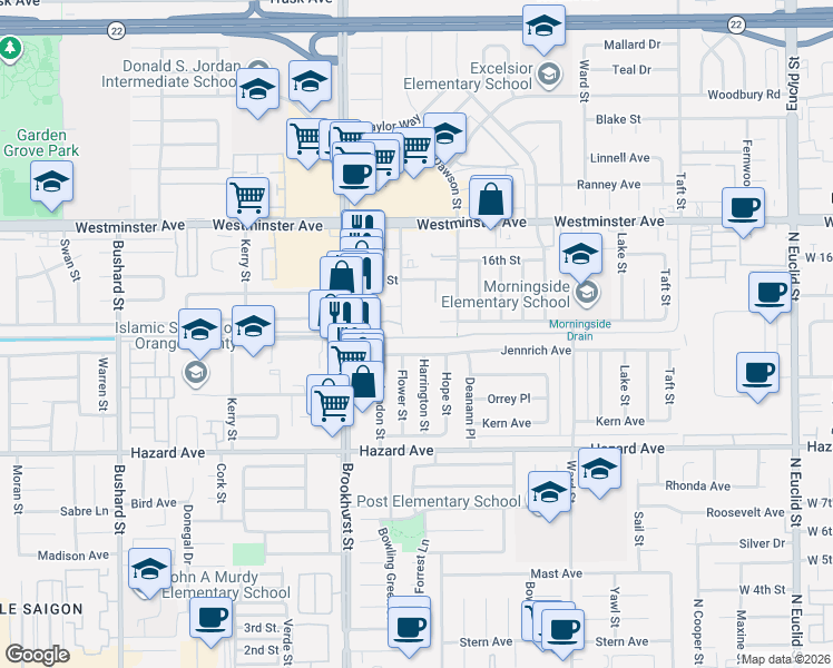 map of restaurants, bars, coffee shops, grocery stores, and more near 14202 Flower Street in Garden Grove