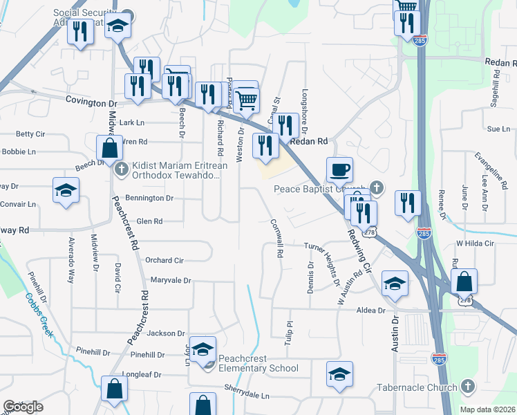 map of restaurants, bars, coffee shops, grocery stores, and more near 1284 Weston Drive in Decatur