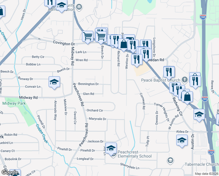 map of restaurants, bars, coffee shops, grocery stores, and more near 1291 Richard Road in Decatur