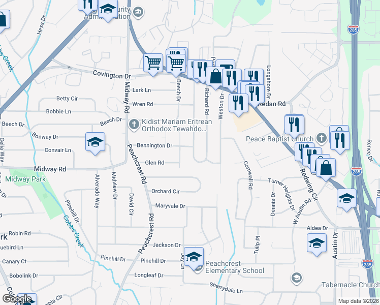map of restaurants, bars, coffee shops, grocery stores, and more near 1290 Richard Road in Decatur
