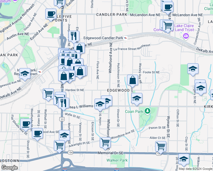 map of restaurants, bars, coffee shops, grocery stores, and more near 98 Whitefoord Avenue Northeast in Atlanta
