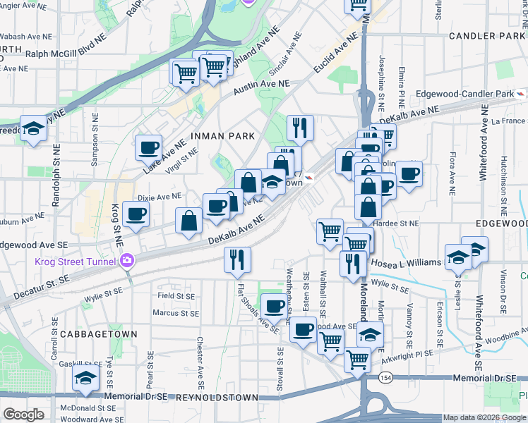 map of restaurants, bars, coffee shops, grocery stores, and more near 982 DeKalb Avenue Northeast in Atlanta