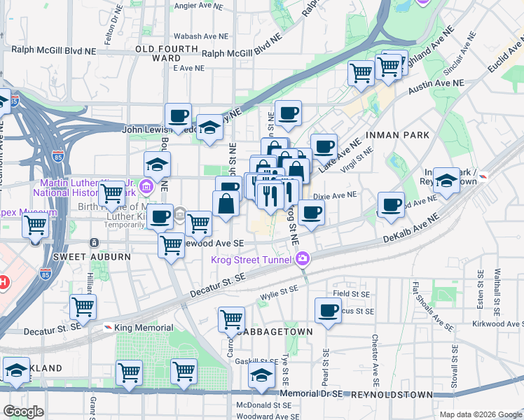 map of restaurants, bars, coffee shops, grocery stores, and more near 659 Auburn Avenue Northeast in Atlanta
