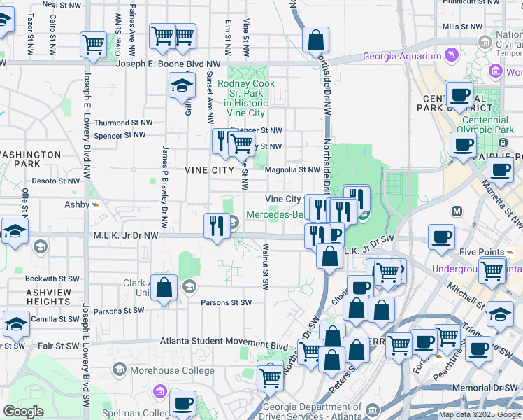 map of restaurants, bars, coffee shops, grocery stores, and more near 587 University Place Northwest in Atlanta