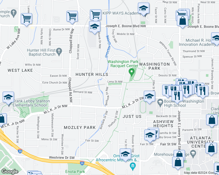 map of restaurants, bars, coffee shops, grocery stores, and more near 1225 Gardenia Street Northwest in Atlanta