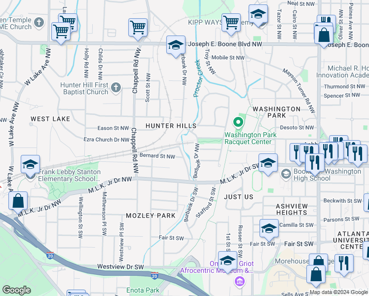 map of restaurants, bars, coffee shops, grocery stores, and more near 35 Rockmart Drive Southwest in Atlanta