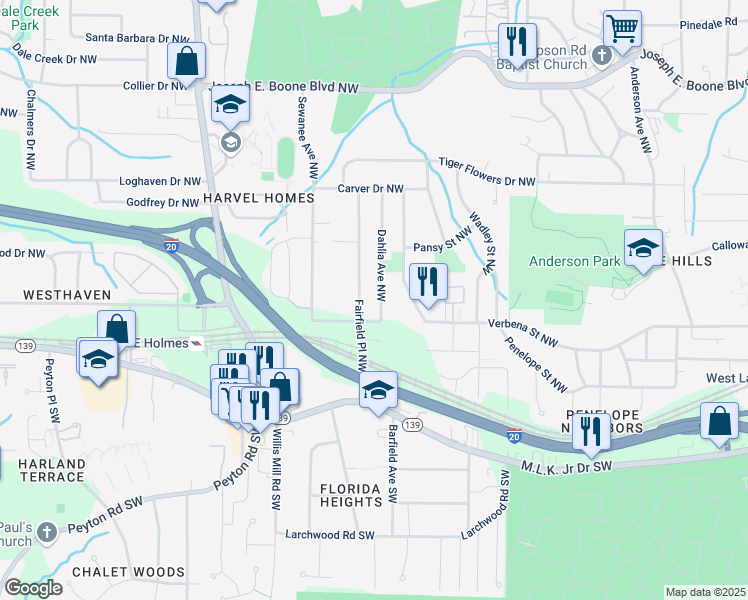 map of restaurants, bars, coffee shops, grocery stores, and more near 110 Dahlia Avenue Northwest in Atlanta