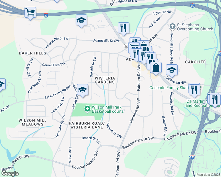 map of restaurants, bars, coffee shops, grocery stores, and more near 3920 Wisteria Lane Southwest in Atlanta