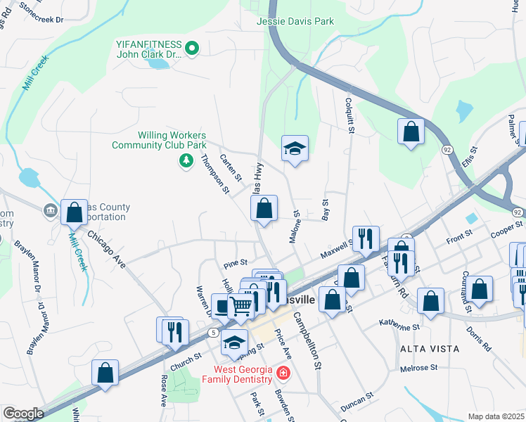 map of restaurants, bars, coffee shops, grocery stores, and more near 6694 Young Court in Douglasville