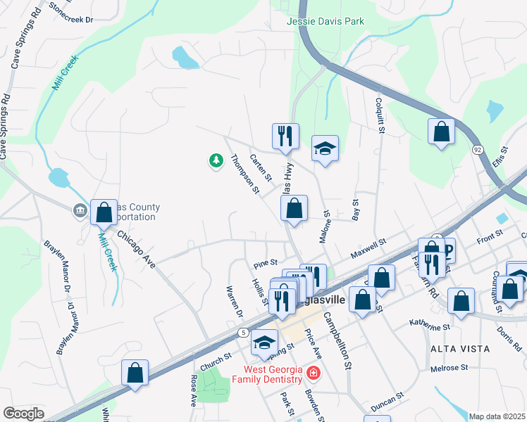map of restaurants, bars, coffee shops, grocery stores, and more near 8211 Thompson Street in Douglasville