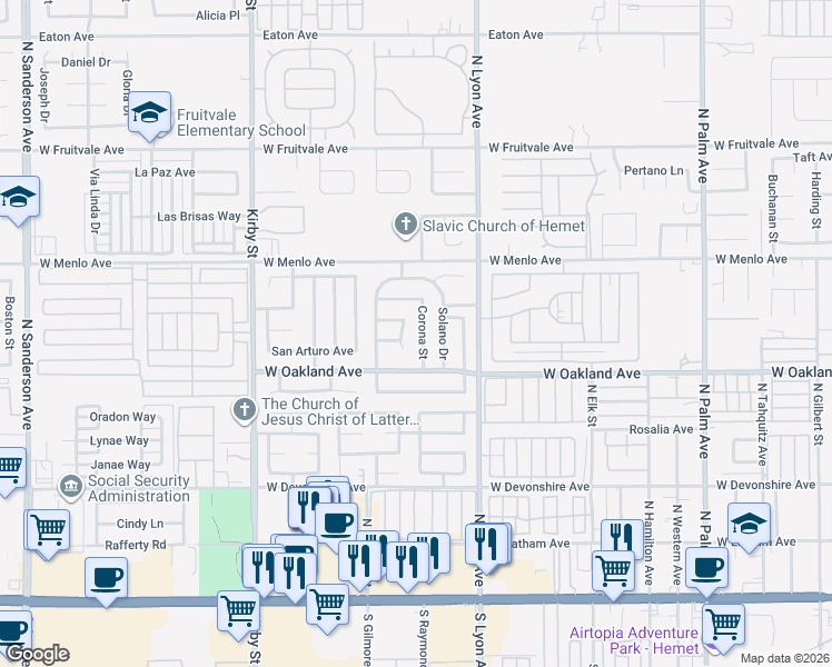 map of restaurants, bars, coffee shops, grocery stores, and more near 615 Corona Street in Hemet