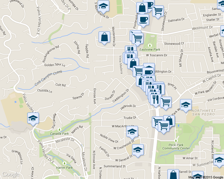 map of restaurants, bars, coffee shops, grocery stores, and more near 2043 Dorado Drive in Rancho Palos Verdes