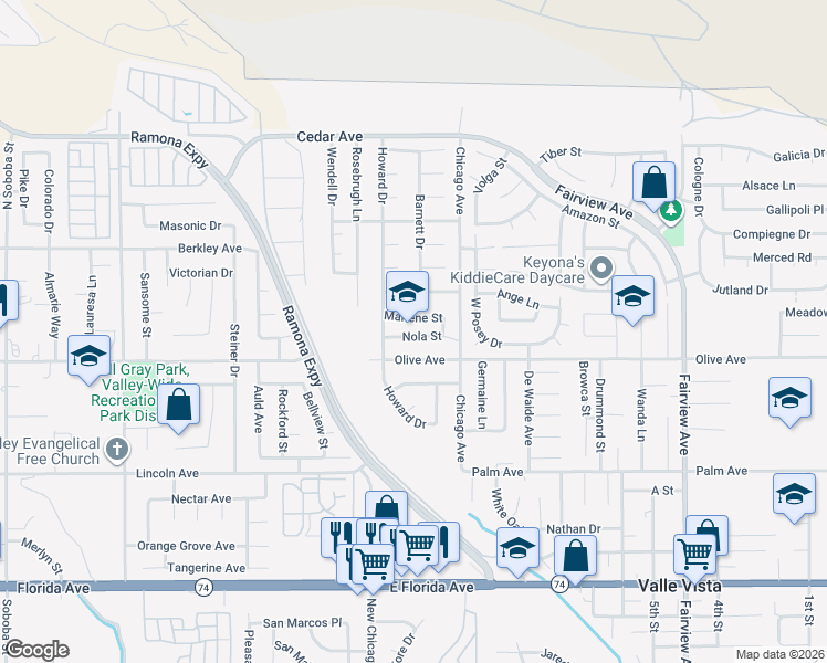 map of restaurants, bars, coffee shops, grocery stores, and more near 43378 Nola Street in Hemet