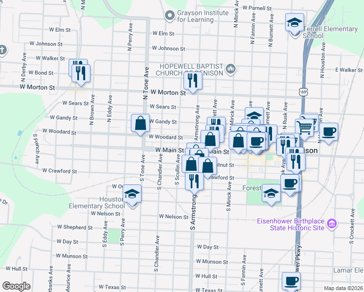 map of restaurants, bars, coffee shops, grocery stores, and more near 827 W Main St in Denison