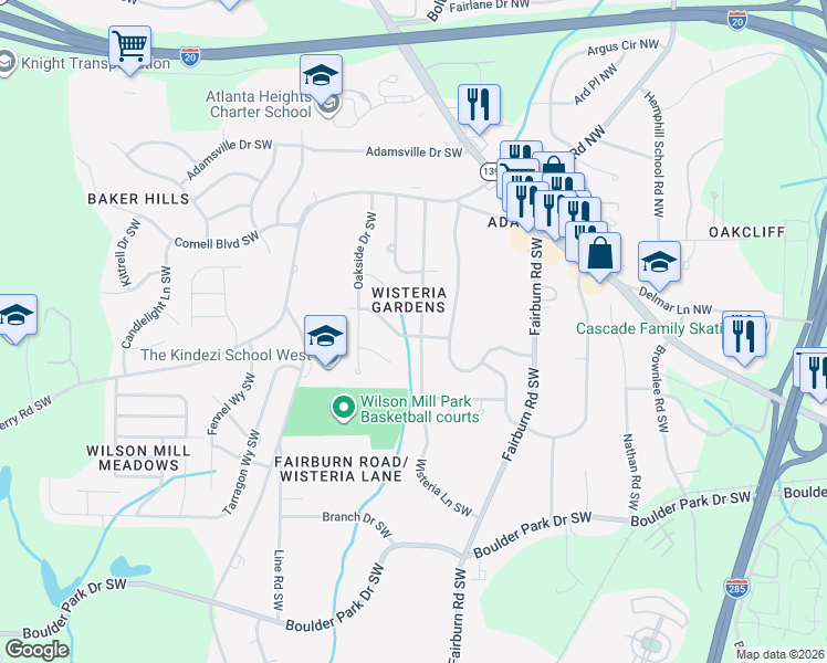 map of restaurants, bars, coffee shops, grocery stores, and more near 3920 Wisteria Lane Southwest in Atlanta