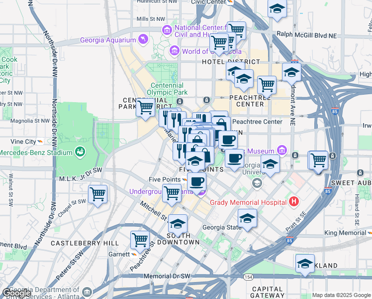 map of restaurants, bars, coffee shops, grocery stores, and more near 25 Fairlie Street Northwest in Atlanta