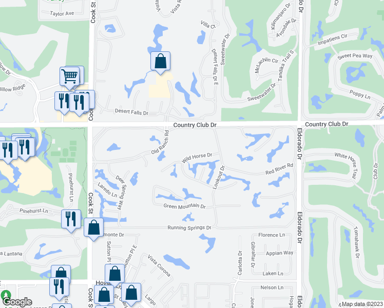 map of restaurants, bars, coffee shops, grocery stores, and more near 216 Wild Horse Drive in Palm Desert