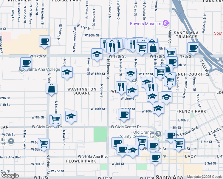 map of restaurants, bars, coffee shops, grocery stores, and more near 809 West Washington Avenue in Santa Ana