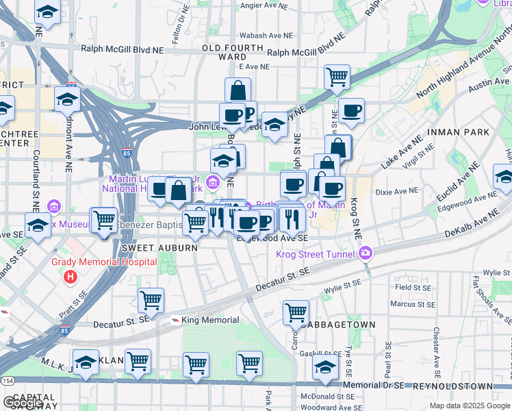 map of restaurants, bars, coffee shops, grocery stores, and more near 524 Old Wheat Street Northeast in Atlanta
