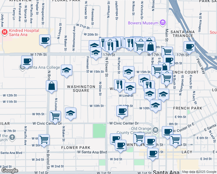 map of restaurants, bars, coffee shops, grocery stores, and more near 809 West Washington Avenue in Santa Ana