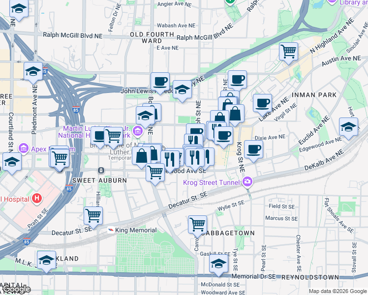 map of restaurants, bars, coffee shops, grocery stores, and more near 558 Old Wheat Street Northeast in Atlanta