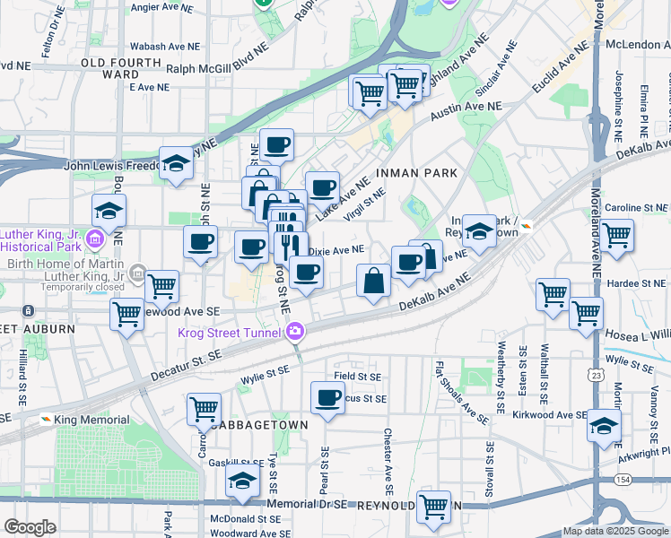 map of restaurants, bars, coffee shops, grocery stores, and more near 70 Spruce Street Northeast in Atlanta