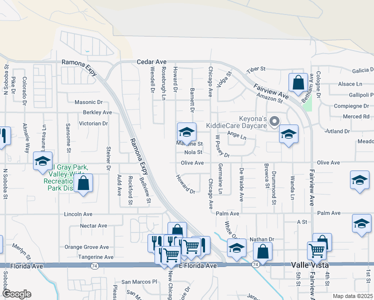 map of restaurants, bars, coffee shops, grocery stores, and more near 43362 Nola Street in Hemet
