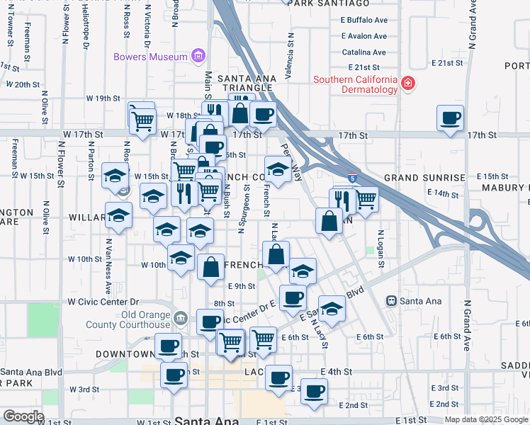 map of restaurants, bars, coffee shops, grocery stores, and more near 1310 French Street in Santa Ana