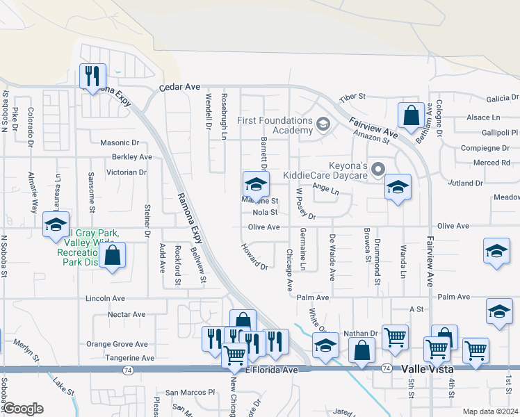 map of restaurants, bars, coffee shops, grocery stores, and more near 43378 Nola Street in Hemet