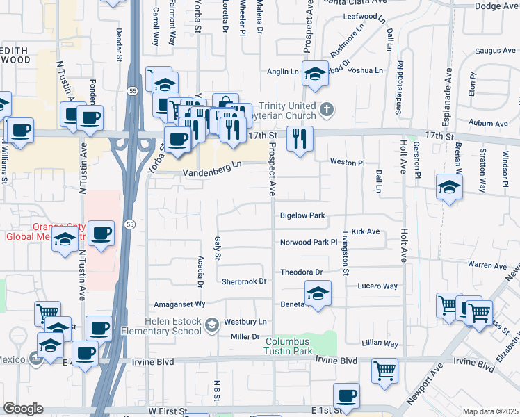 map of restaurants, bars, coffee shops, grocery stores, and more near 17632 Wellington Avenue in Tustin