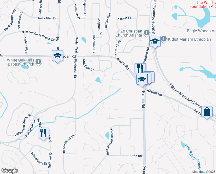 map of restaurants, bars, coffee shops, grocery stores, and more near 5303 Kemper Place in Stone Mountain