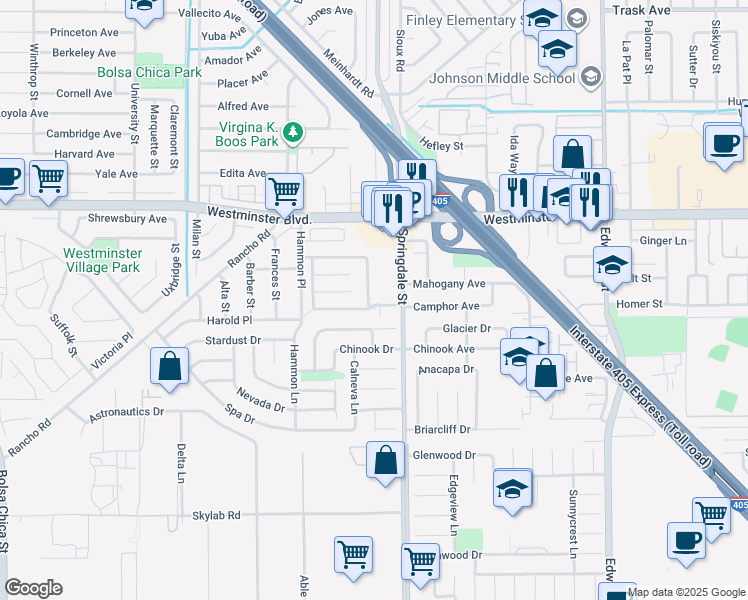 map of restaurants, bars, coffee shops, grocery stores, and more near 14212 Hereford Street in Westminster