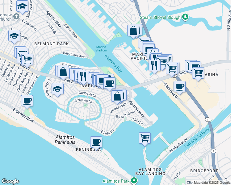 map of restaurants, bars, coffee shops, grocery stores, and more near 5862 Appian Way in Long Beach