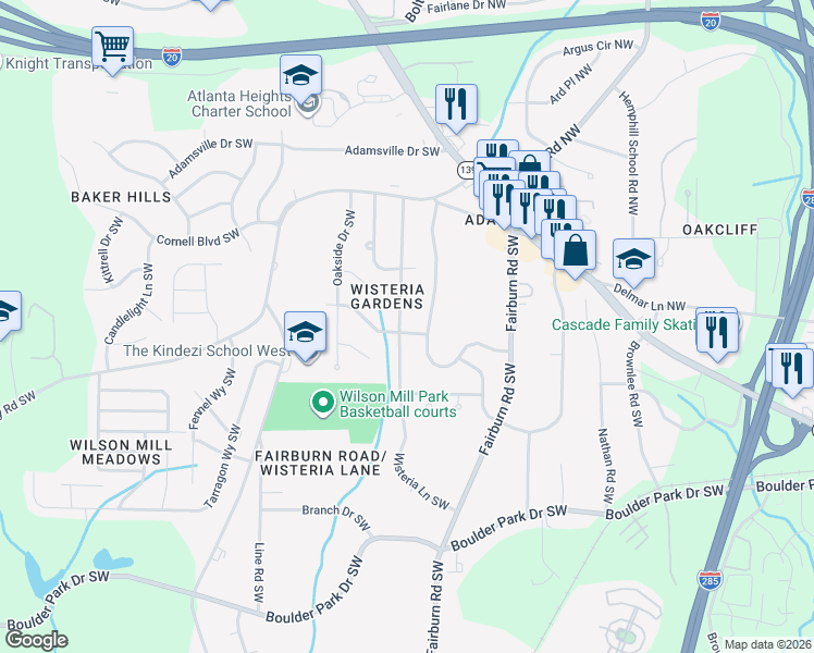 map of restaurants, bars, coffee shops, grocery stores, and more near 3920 Wisteria Lane Southwest in Atlanta