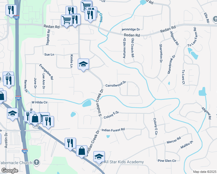 map of restaurants, bars, coffee shops, grocery stores, and more near 4171 Carrollwood Drive in Stone Mountain