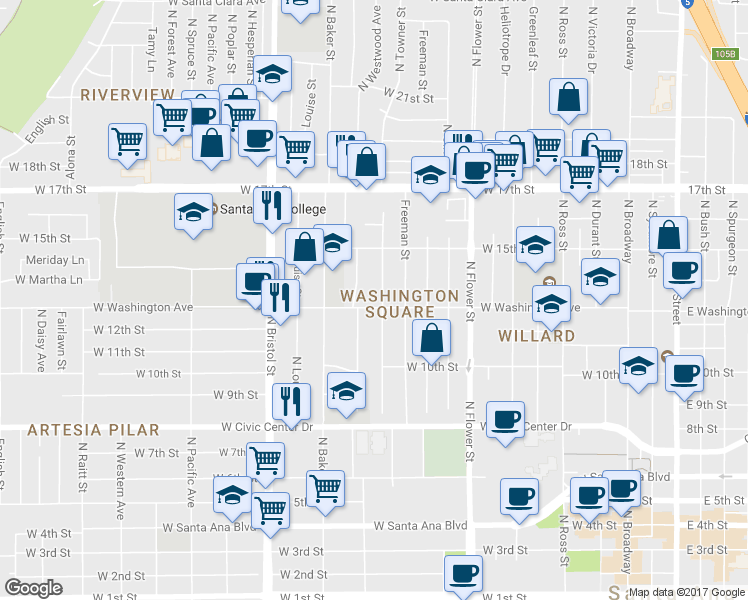 map of restaurants, bars, coffee shops, grocery stores, and more near 1105 West Washington Avenue in Santa Ana