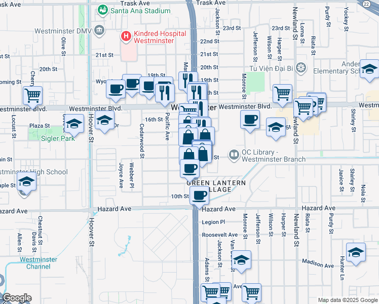 map of restaurants, bars, coffee shops, grocery stores, and more near 14207 Beach Boulevard in Westminster