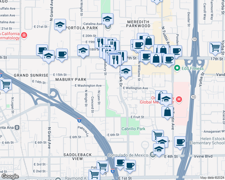 map of restaurants, bars, coffee shops, grocery stores, and more near 1300 Cabrillo Park Drive in Santa Ana