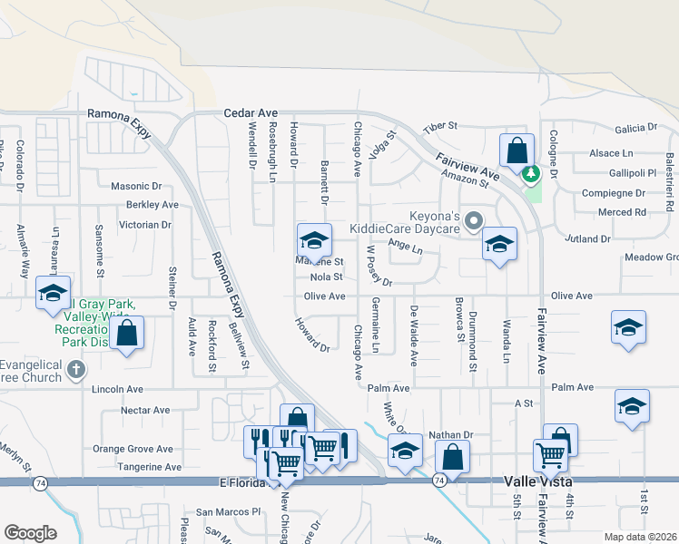 map of restaurants, bars, coffee shops, grocery stores, and more near 43452 Nola Street in Hemet