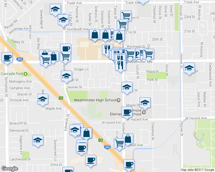 map of restaurants, bars, coffee shops, grocery stores, and more near 14202 Denise Drive in Westminster