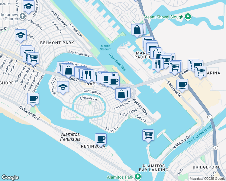 map of restaurants, bars, coffee shops, grocery stores, and more near 5826 East Naples Plaza in Long Beach