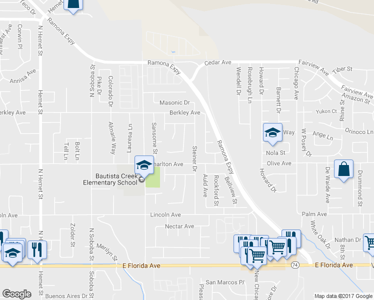 map of restaurants, bars, coffee shops, grocery stores, and more near 25176 Laguna Honda in Hemet