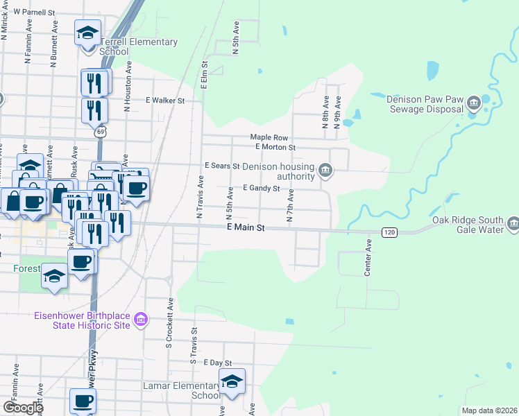 map of restaurants, bars, coffee shops, grocery stores, and more near 601 East Woodard Street in Denison