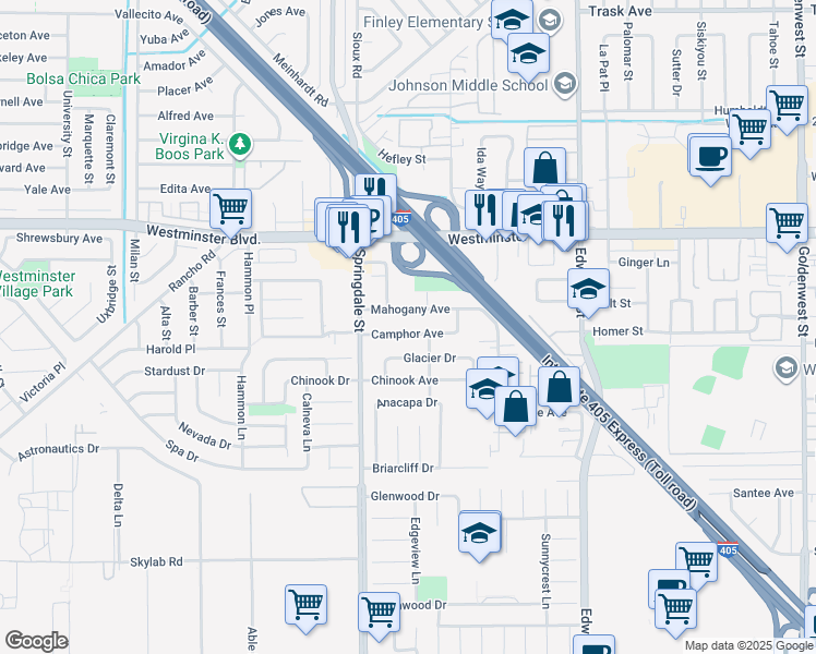 map of restaurants, bars, coffee shops, grocery stores, and more near 6091 Camphor Avenue in Westminster