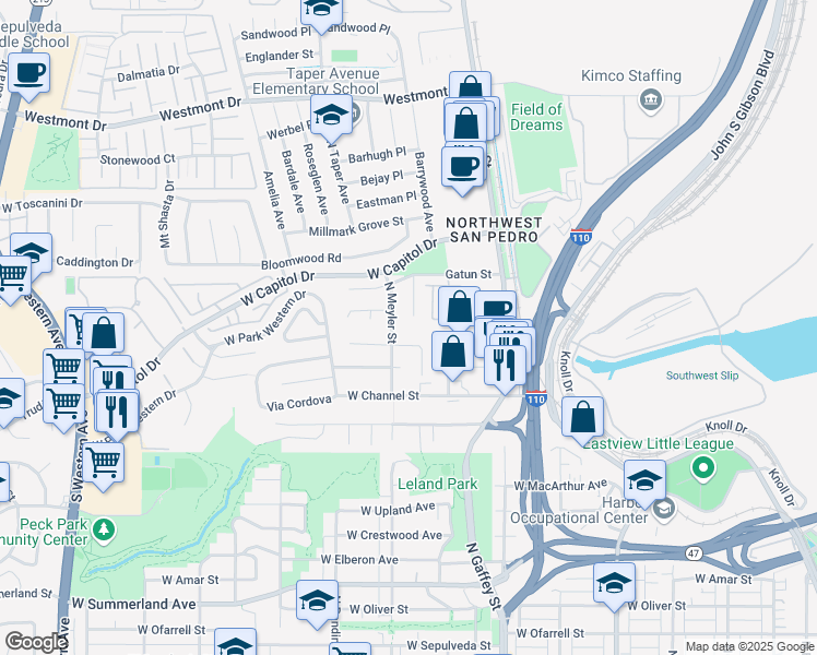 map of restaurants, bars, coffee shops, grocery stores, and more near 1401 North Cabrillo Avenue in Los Angeles