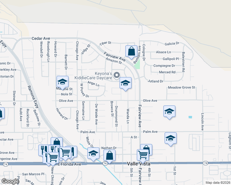 map of restaurants, bars, coffee shops, grocery stores, and more near 43840 Applewood Street in Hemet